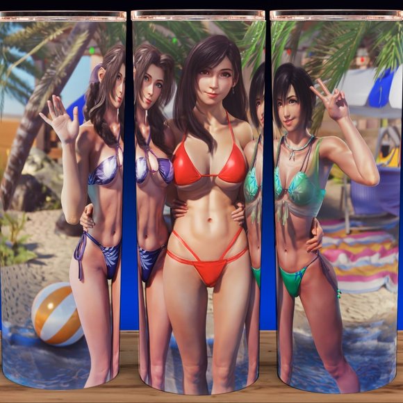 FF7 Tifa - Aerith - Yuffie Beach Girls Final Fantasy  Cup Mug Tumbler 20oz - Picture 1 of 3
